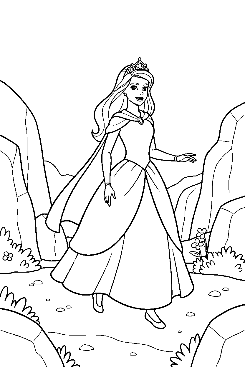 barbie princess walking in rocky area line art