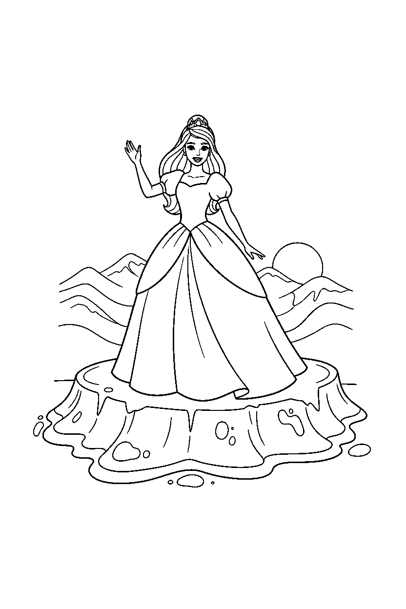 barbie princess waving on lava platform line art