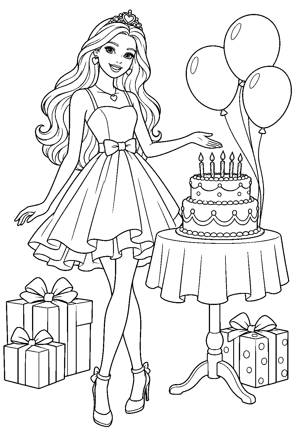 Basic Present Color Page Free Printable Barbie Celebrating Her Birthday Beside a Cake with ...