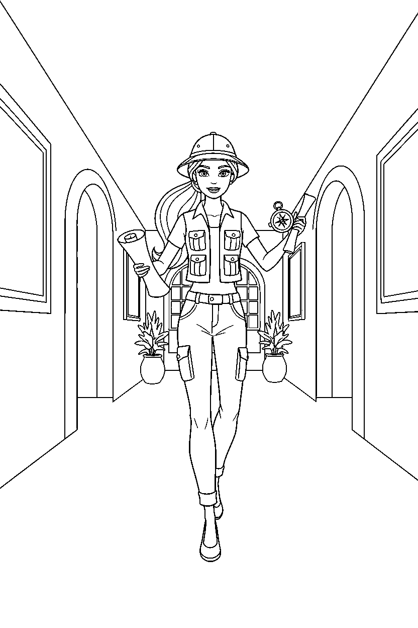 barbie exploring in hallway line art
