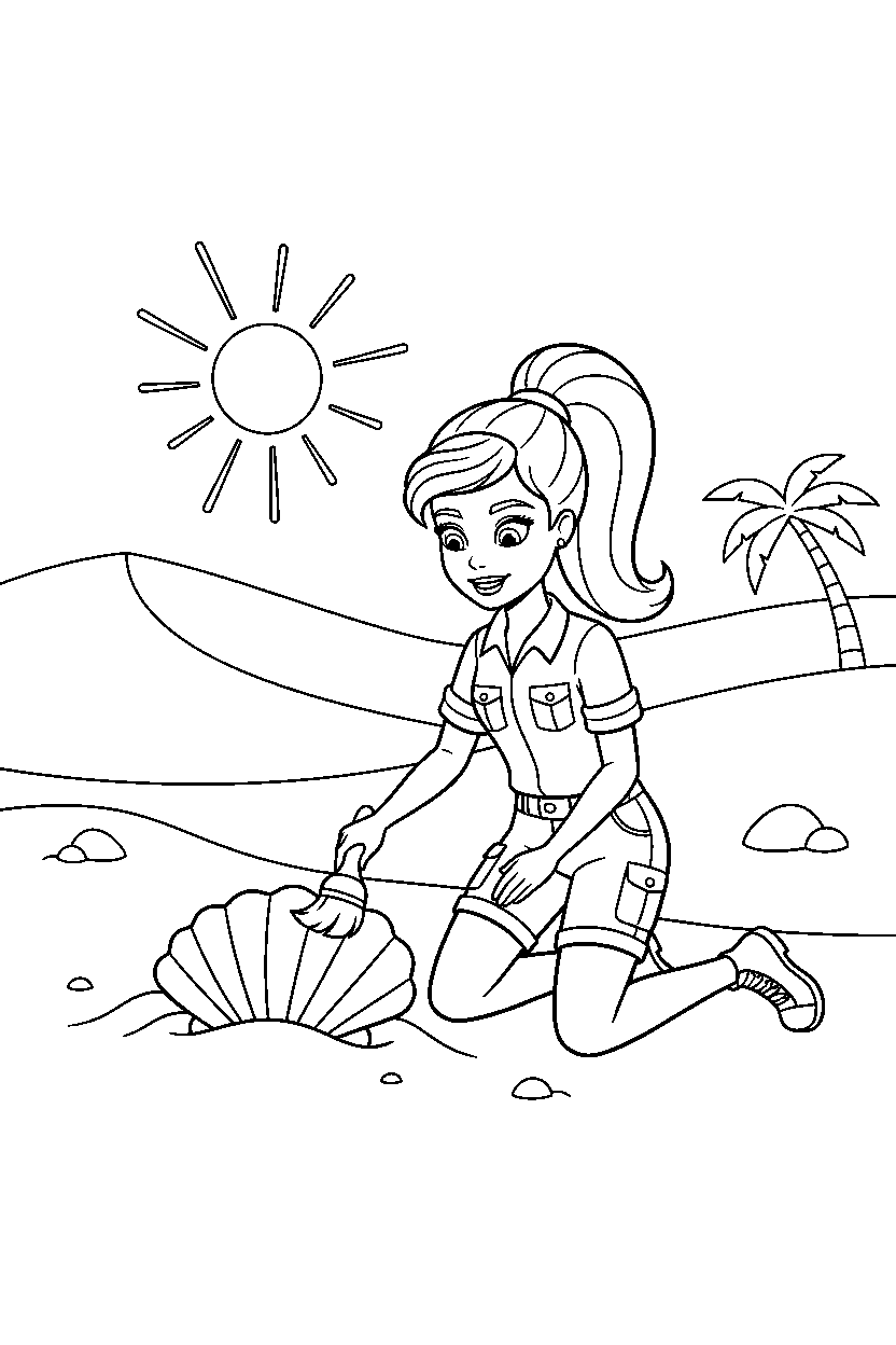 barbie exploring in sand line art