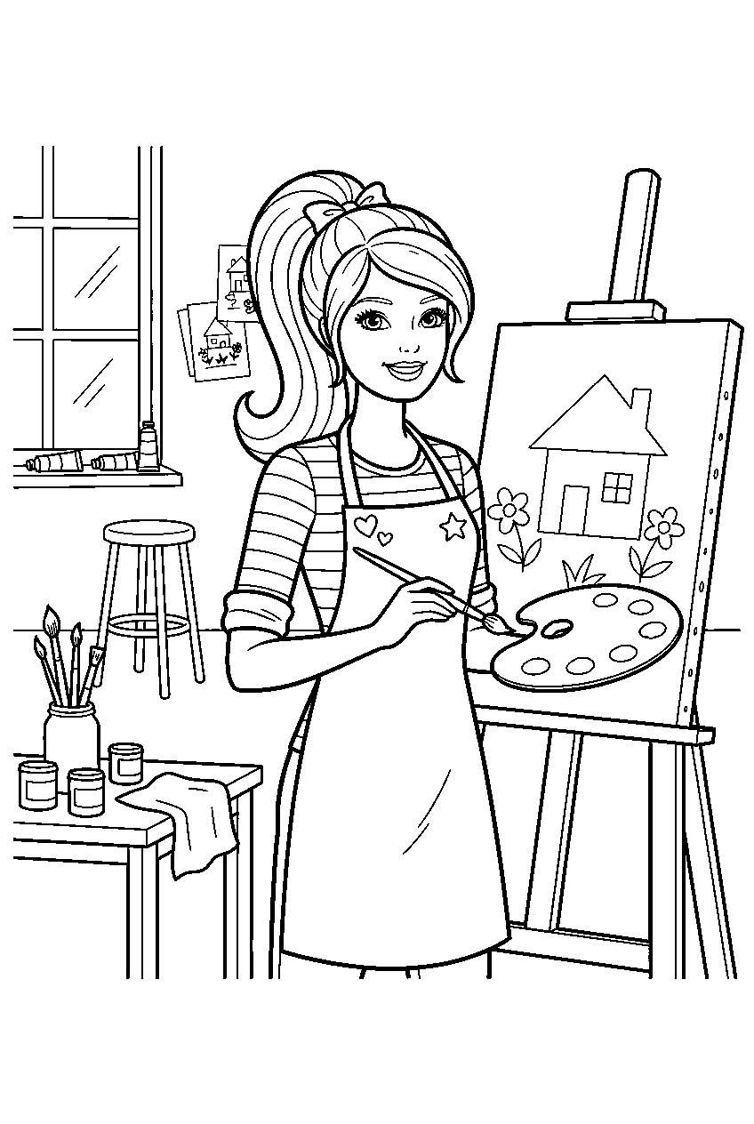 barbie in art studio line art