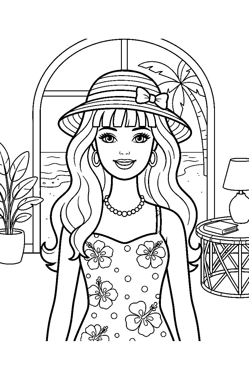 barbie in beach house line art