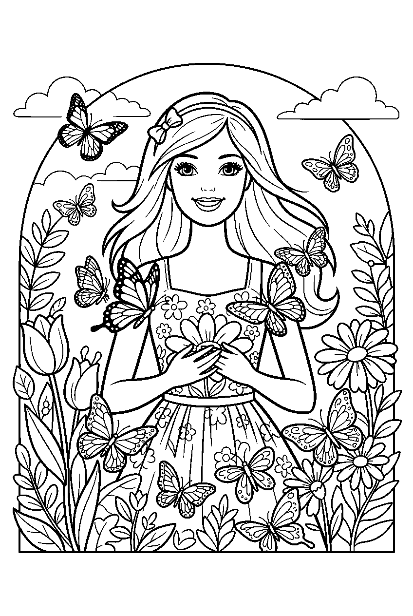 barbie in butterfly garden line art