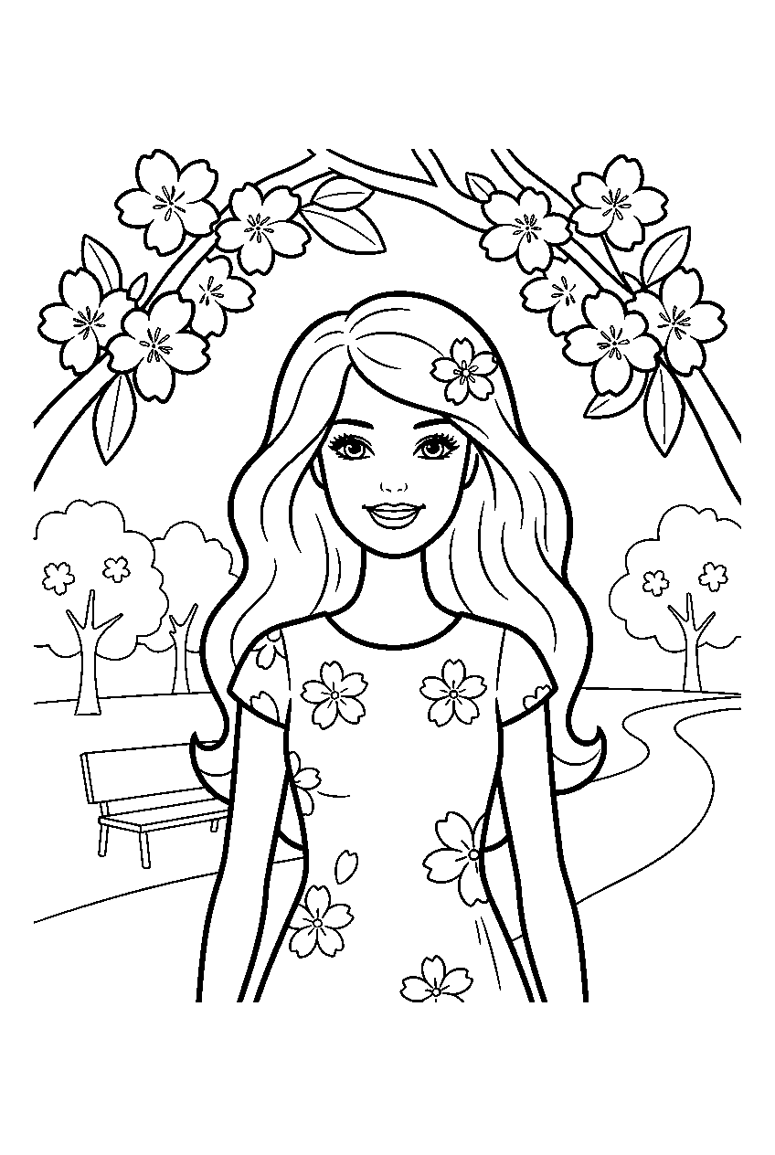 barbie in cherry blossom park line art