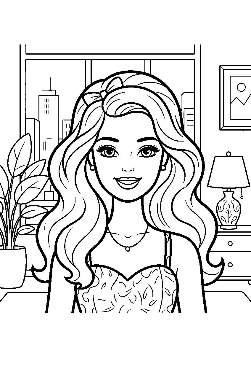 barbie in city apartment line art