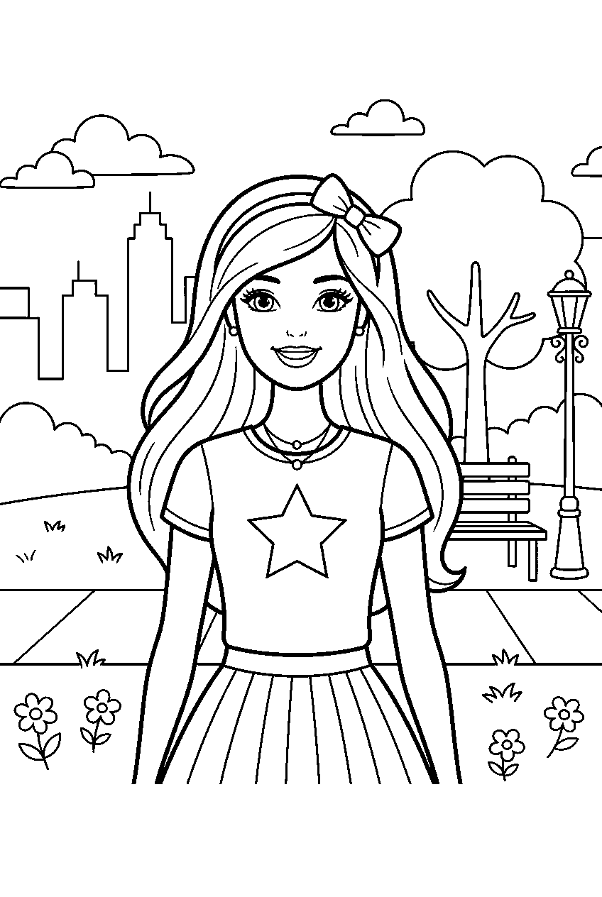 barbie in city park line art