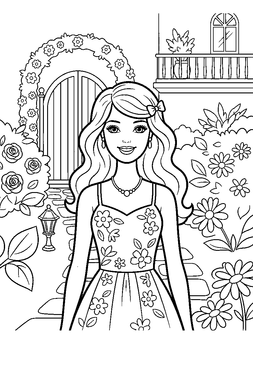 barbie in dreamhouse garden line art