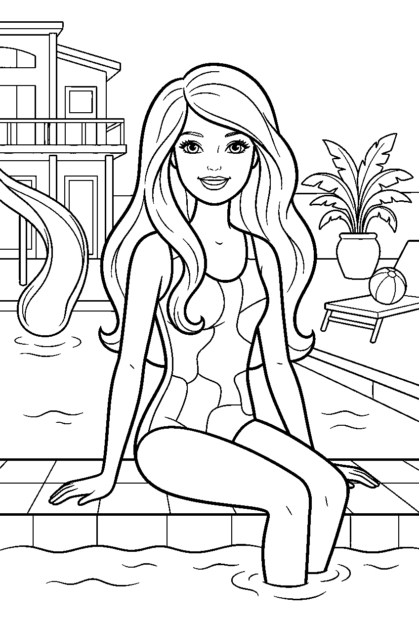 barbie in dreamhouse pool area line art