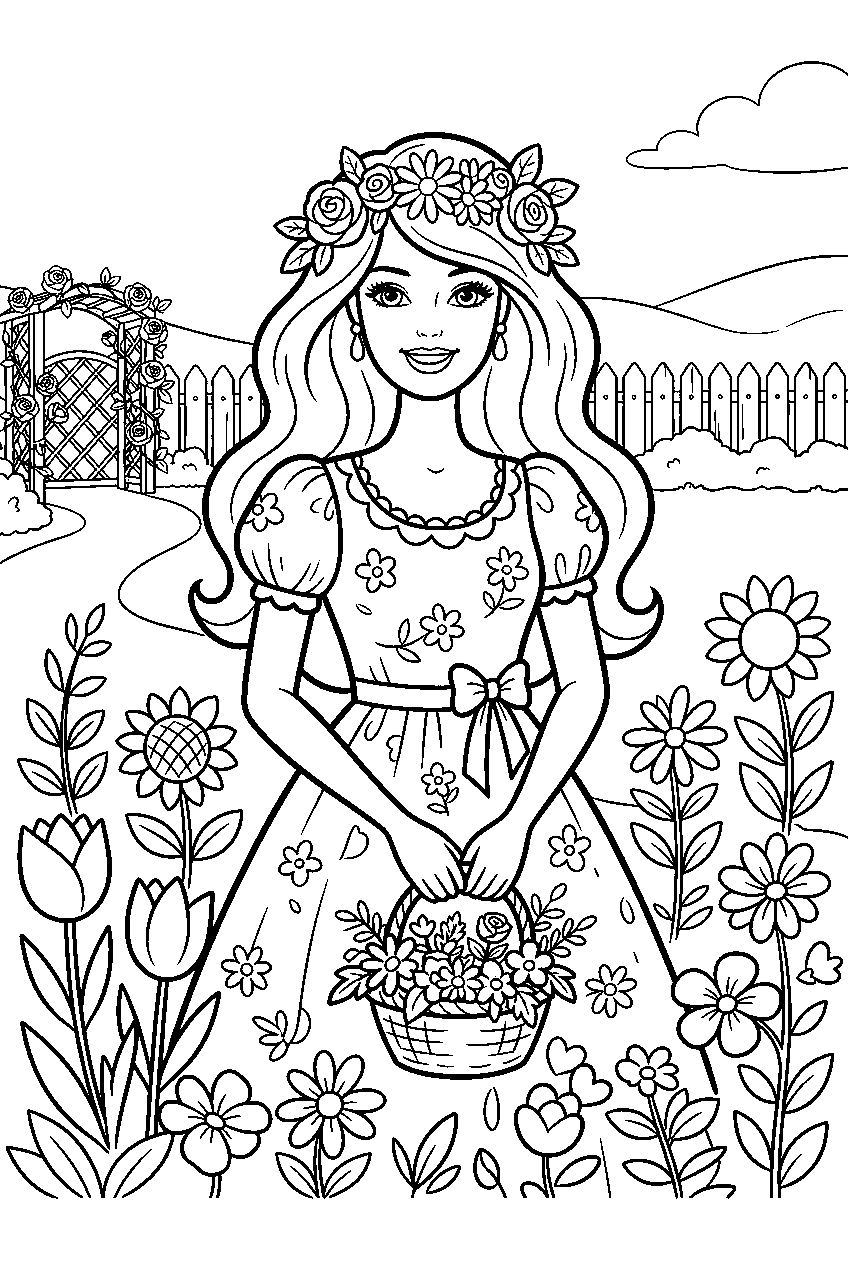 barbie in flower garden line art