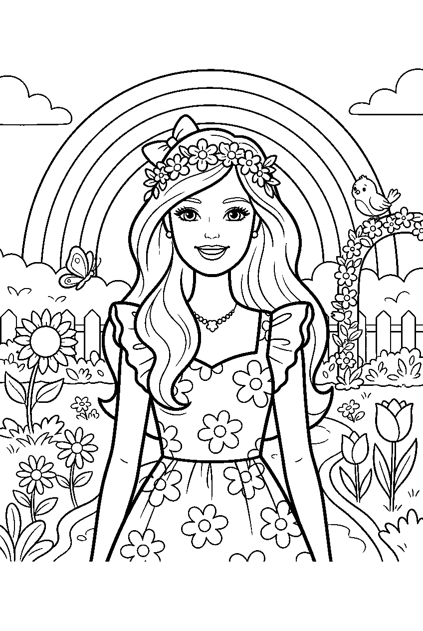 barbie in rainbow garden line art