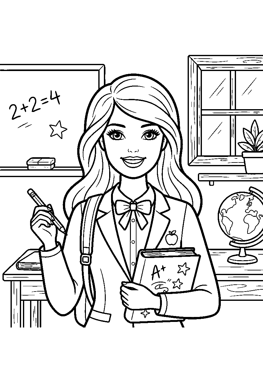 barbie in school classroom line art