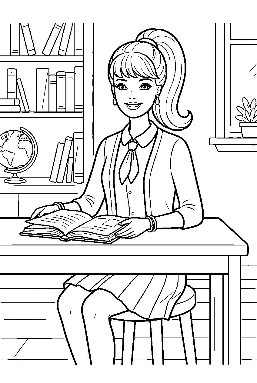 barbie in school library line art