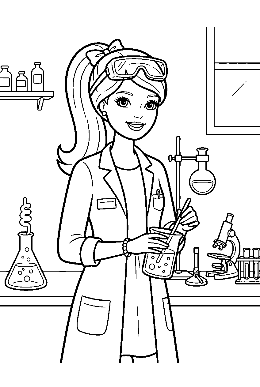 barbie in science laboratory line art