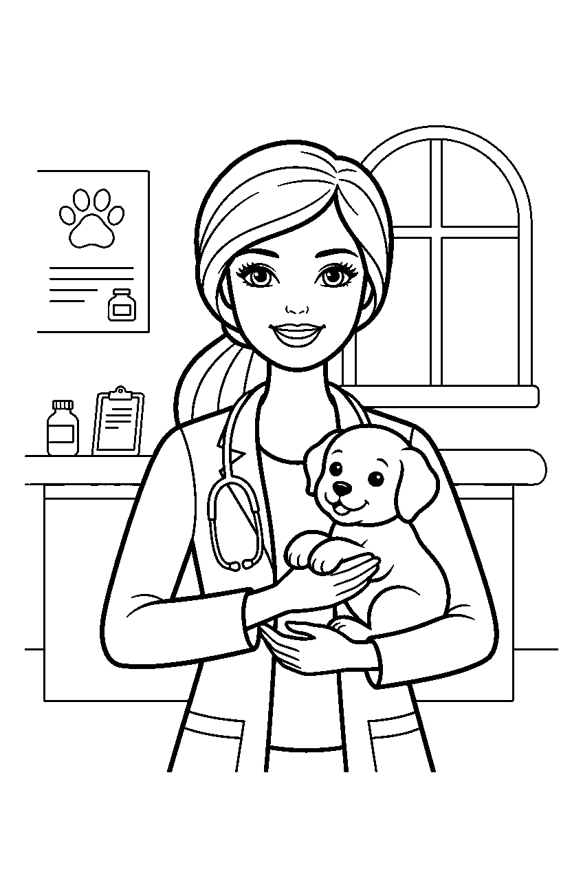 barbie in veterinary clinic line art