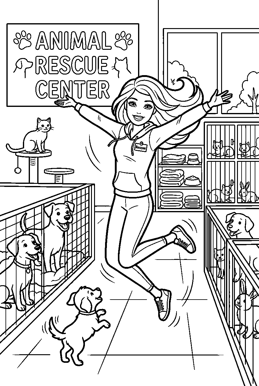 barbie jumping in animal rescue center line art