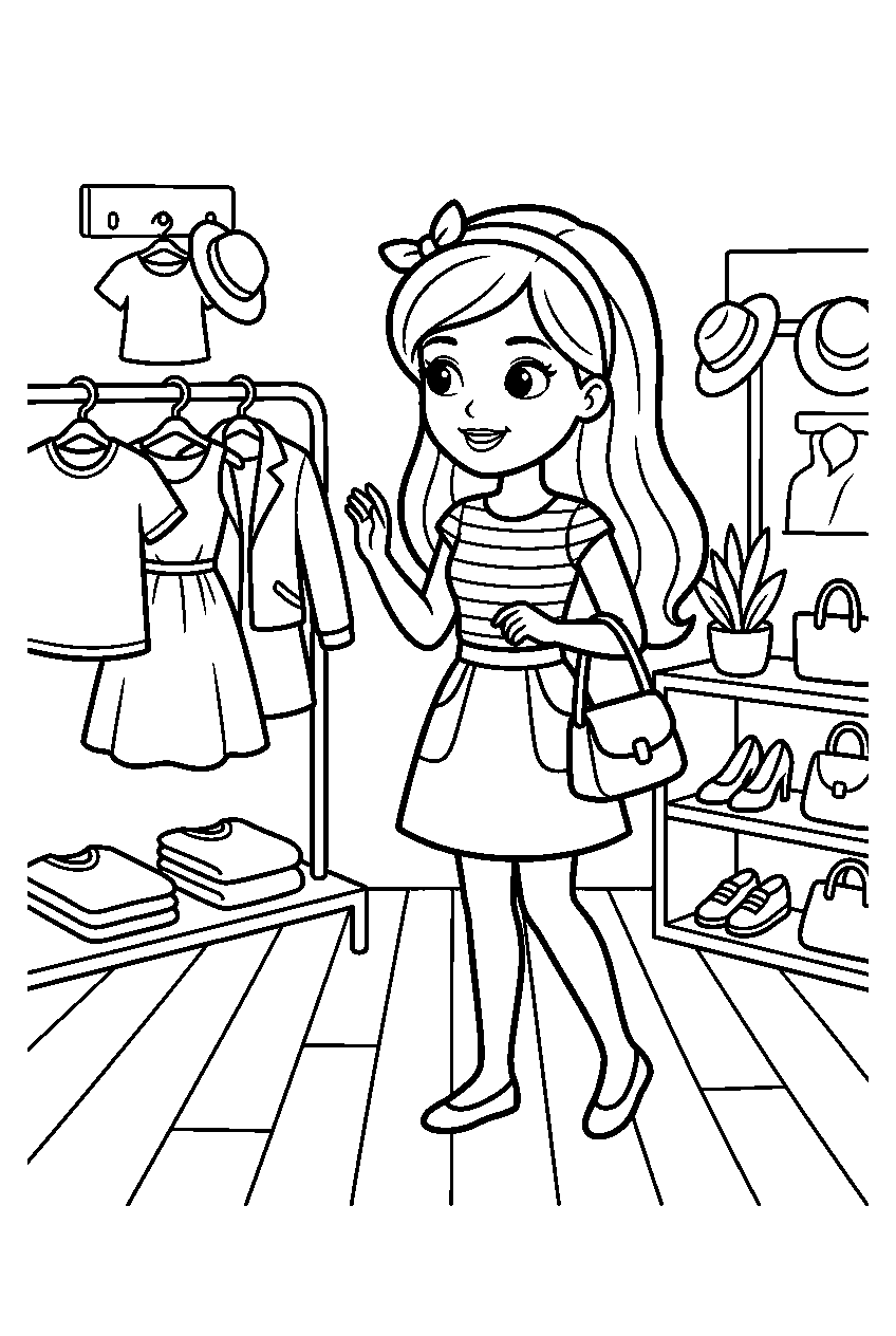 barbie looking around in clothing store line art