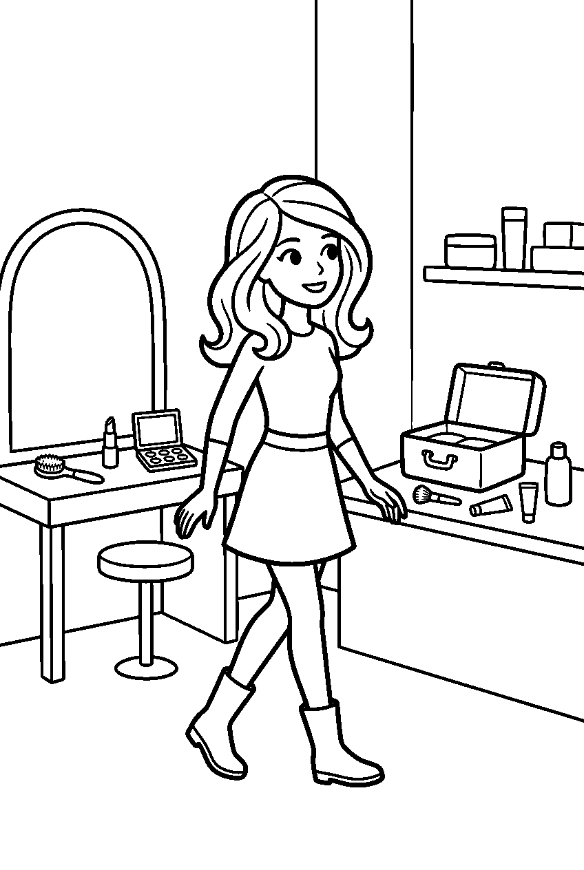 barbie looking around in makeup studio line art