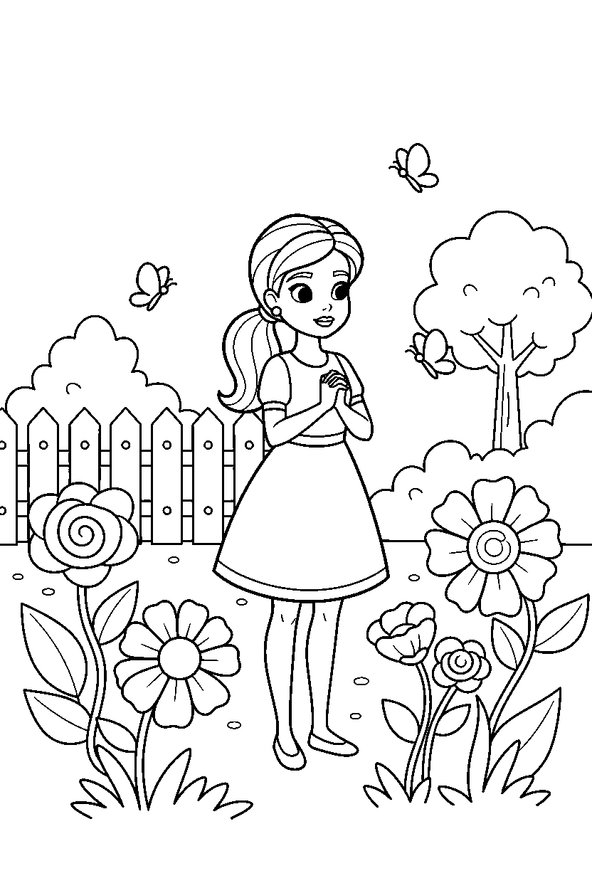 barbie observing in garden line art