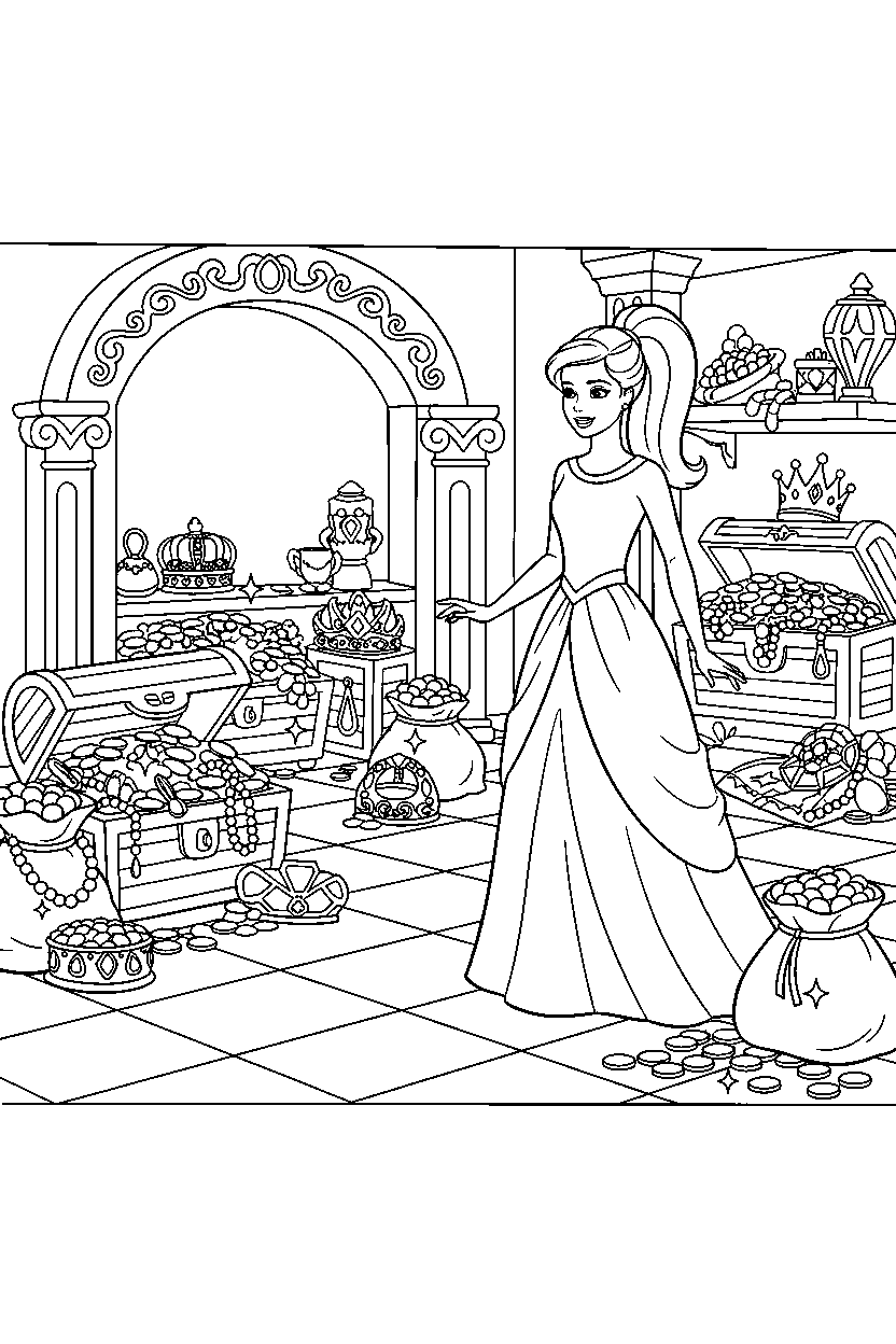 barbie observing in treasure room line art