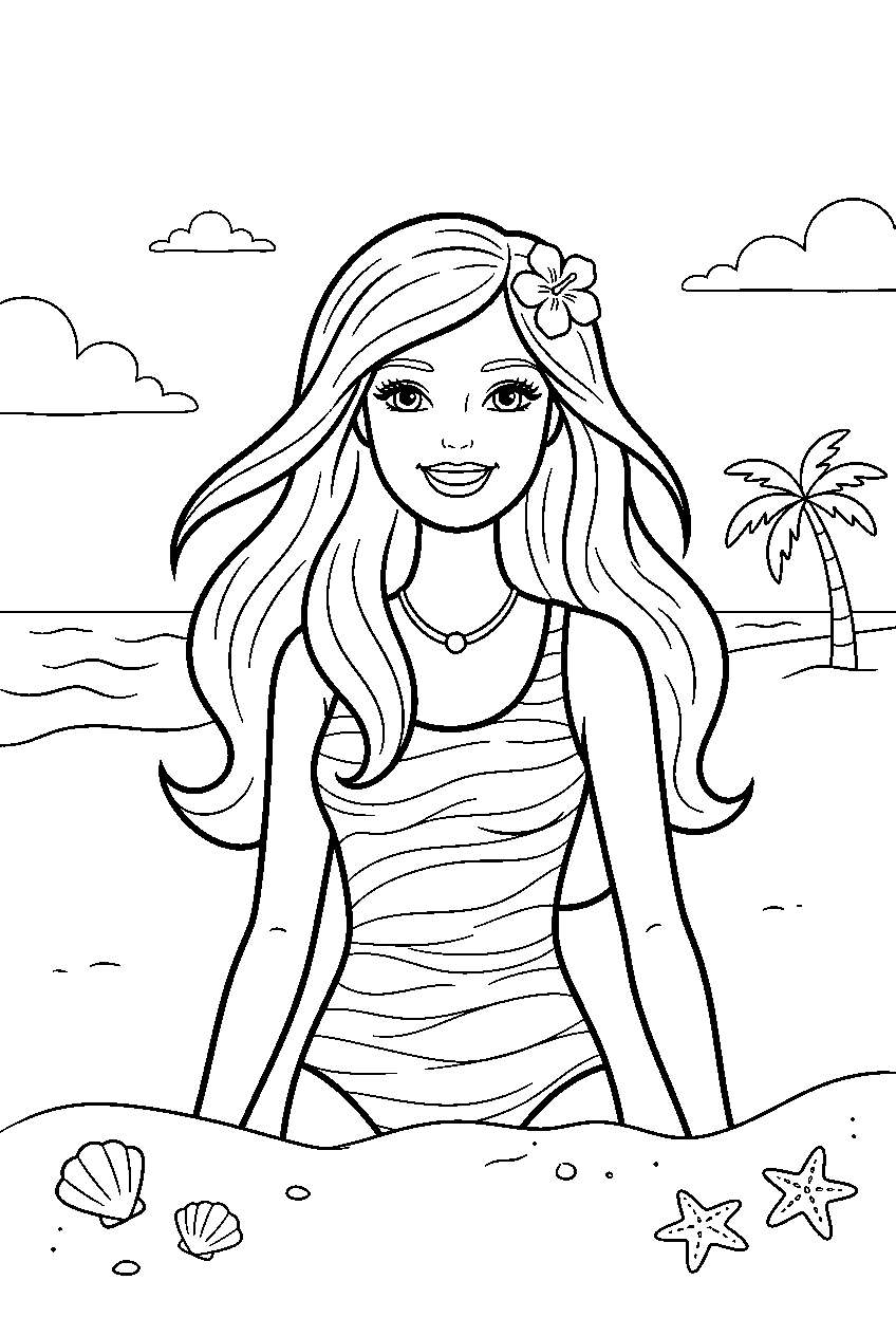 barbie on sandy beach line art