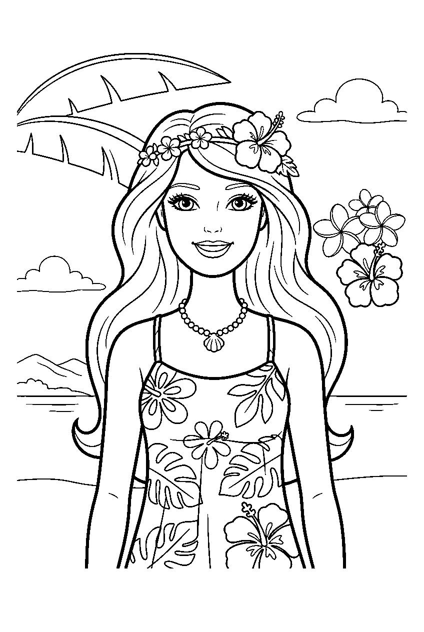 barbie on tropical island line art