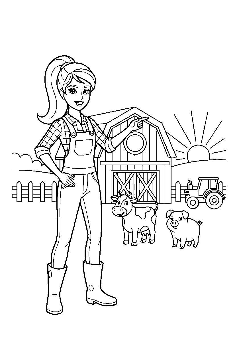 barbie pointing in farm line art