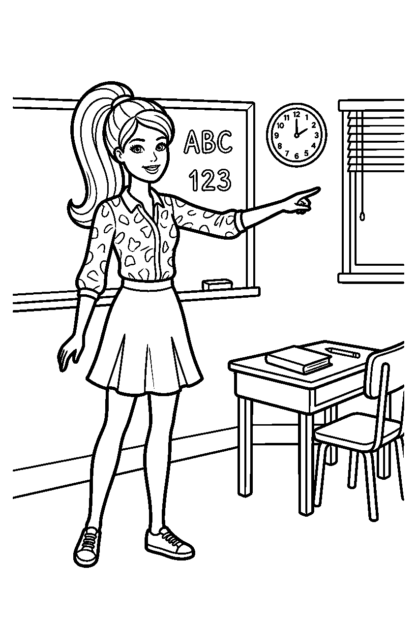 barbie pointing in school classroom line art