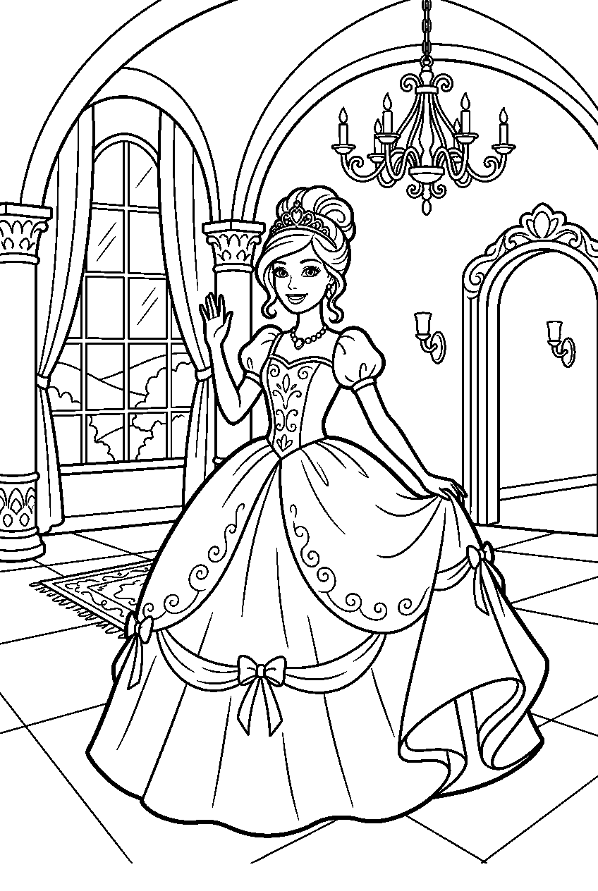 barbie posing in castle ballroom line art