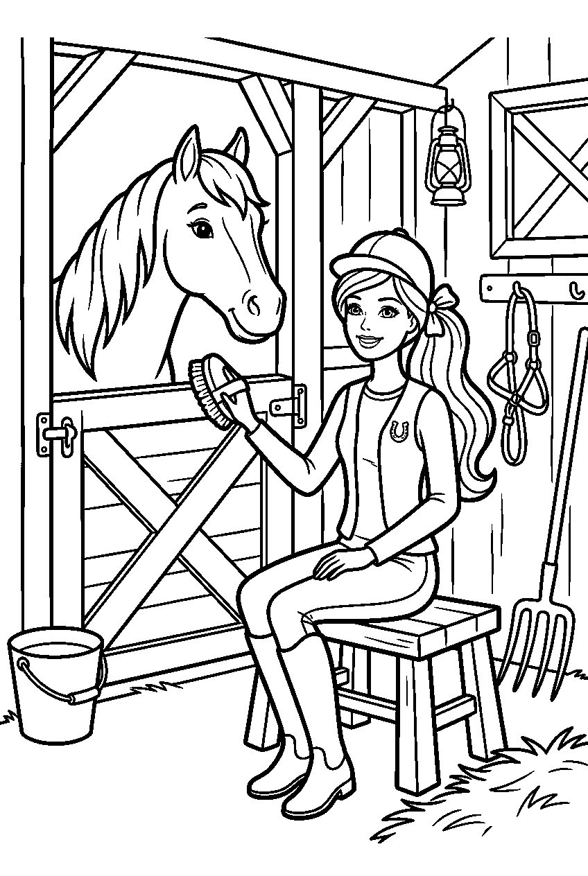 barbie sitting in horse stable line art