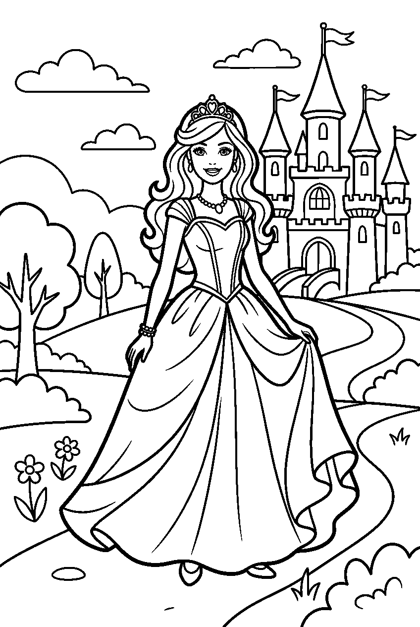 barbie standing in fairy tale kingdom line art