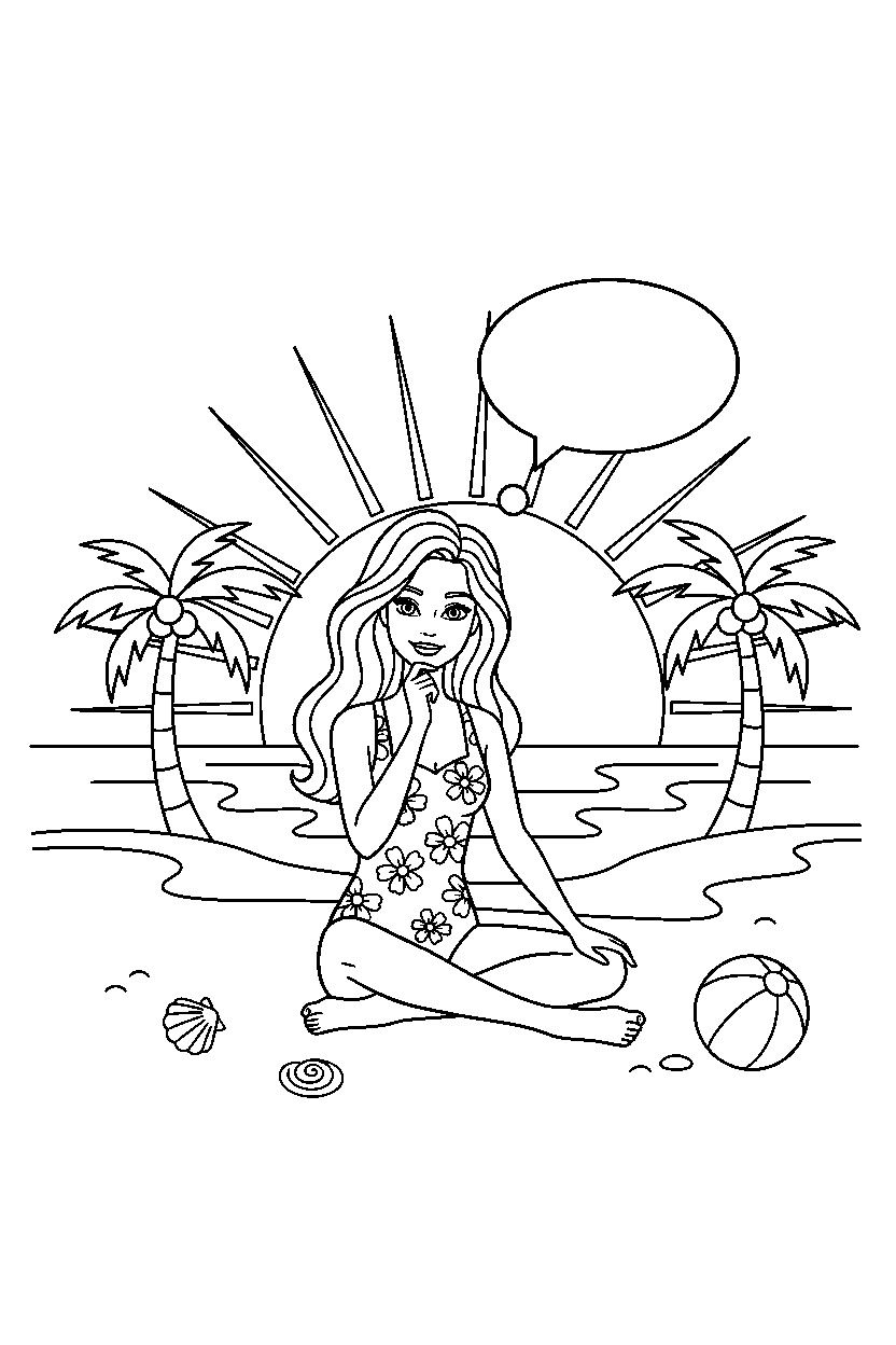 barbie thinking on beach line art