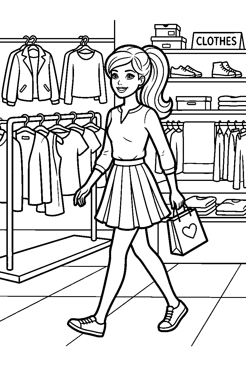 barbie walking in clothing store line art