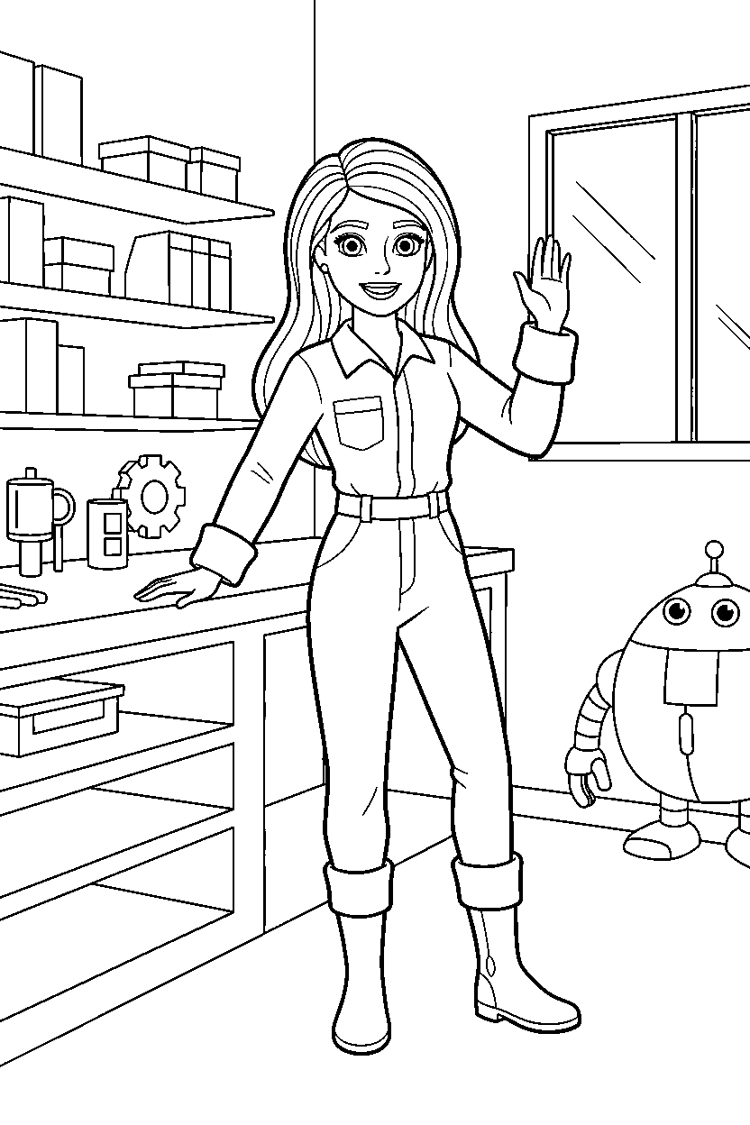 barbie waving in workshop line art