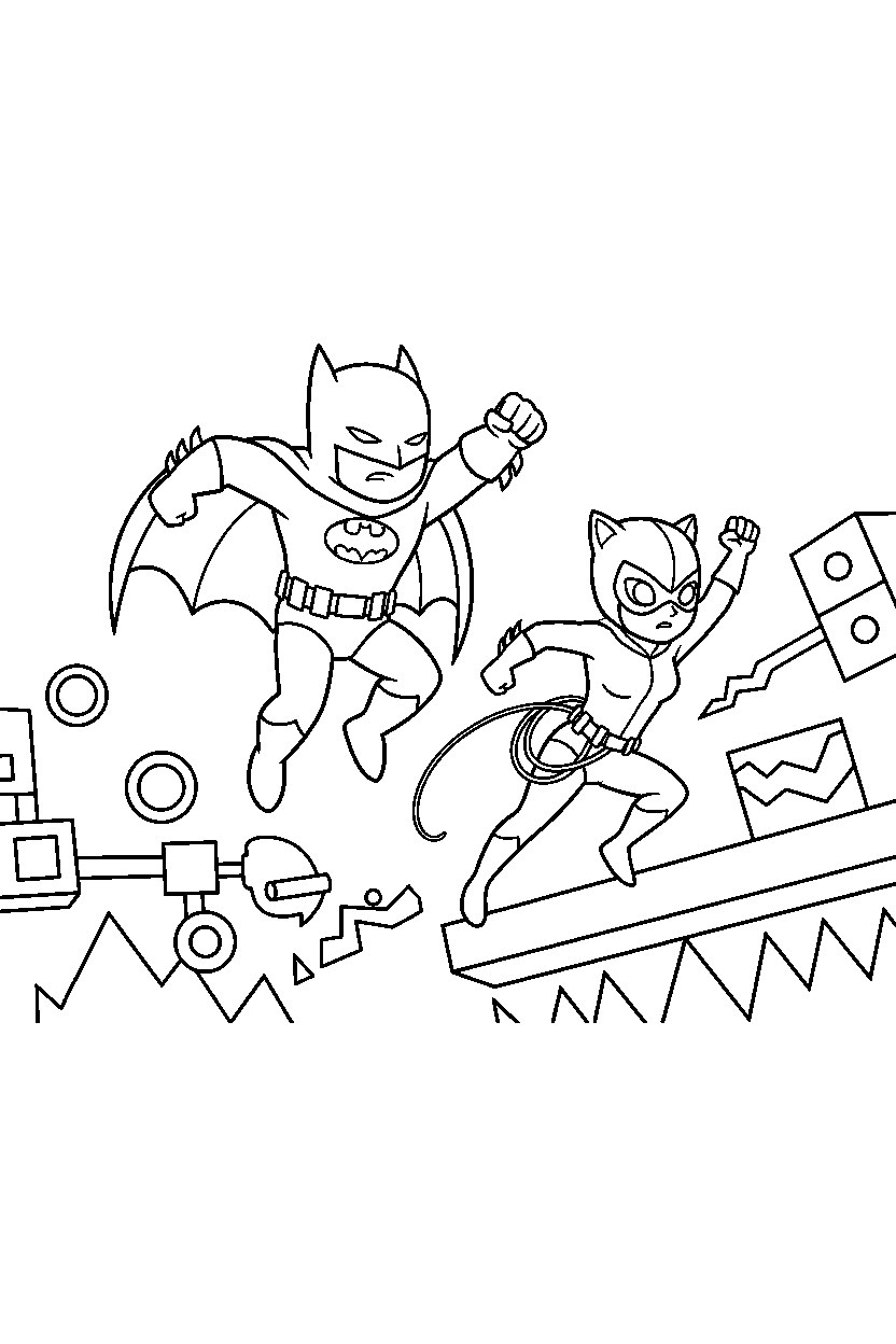 batman catwoman jumping in game world line art