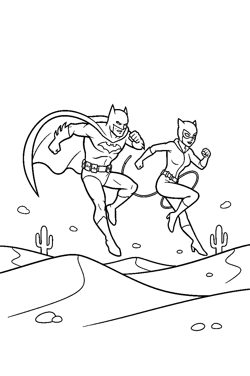 batman catwoman jumping in sand line art