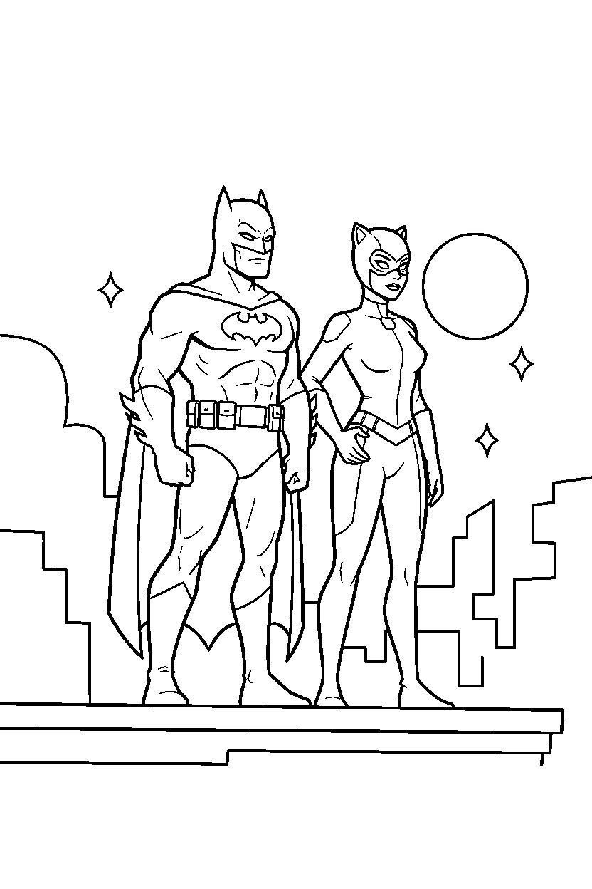 batman catwoman observing on platform line art