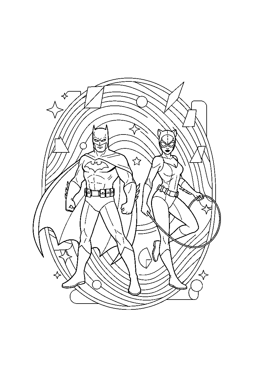 batman catwoman posing in glowing zone line art