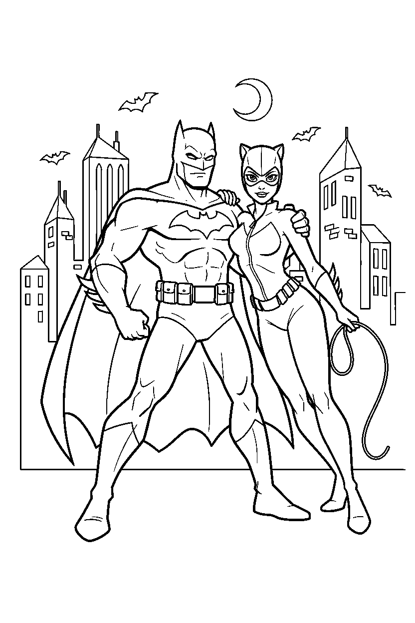 batman catwoman posing in town line art