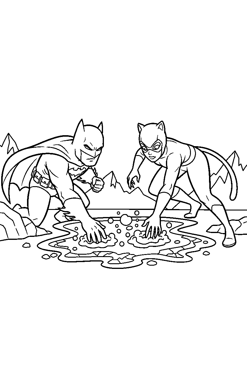 batman catwoman reaching in lava area line art