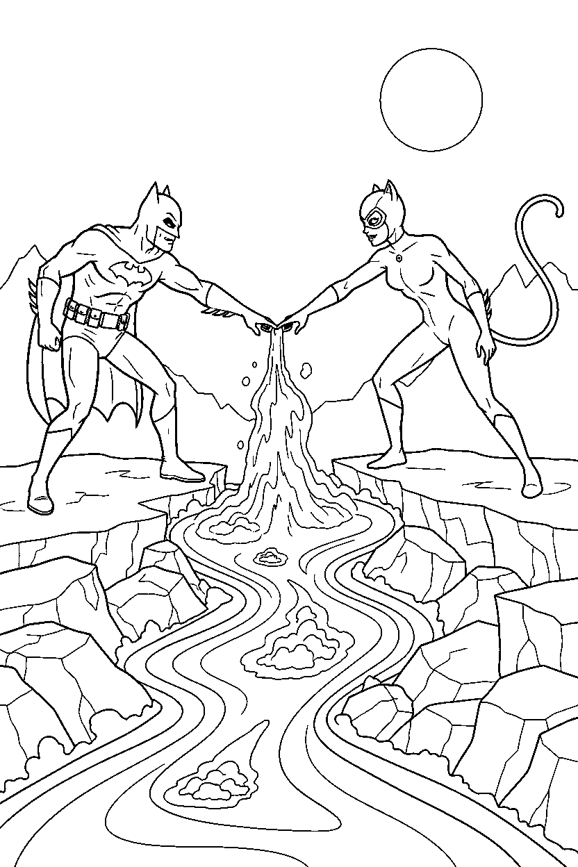 batman catwoman reaching on lava platform line art