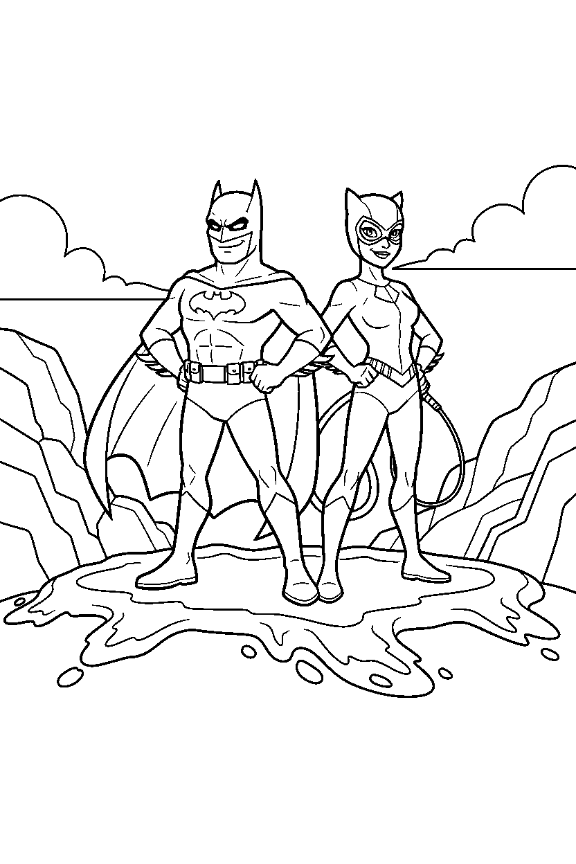 batman catwoman standing confidently on lava platform line art