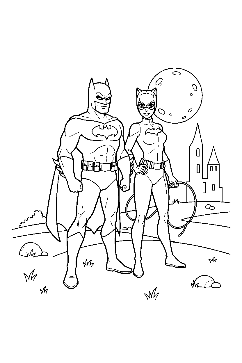 batman catwoman standing on hill line art