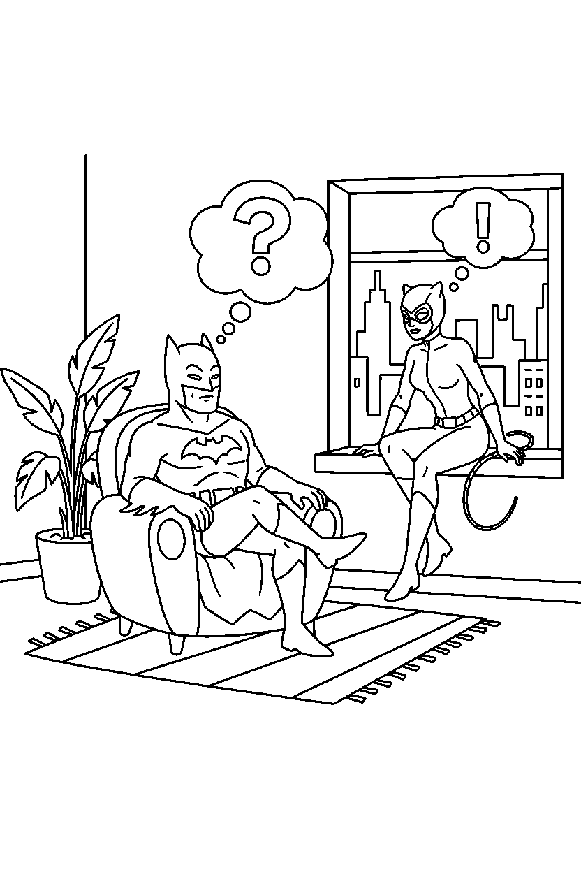 batman catwoman thinking in room line art