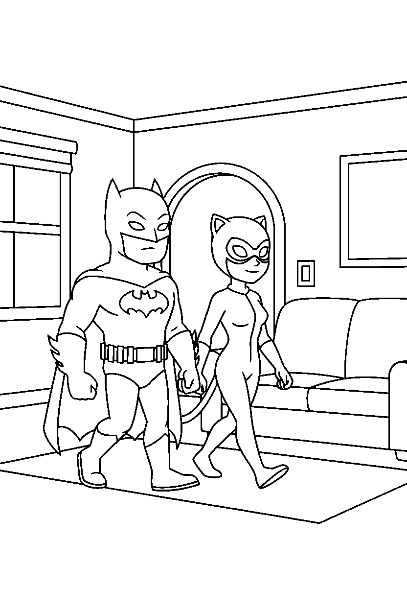 batman catwoman walking in room line art