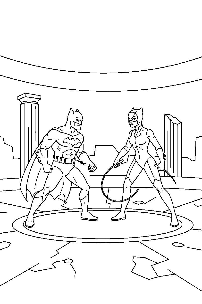 batman catwoman watching in challenge area line art