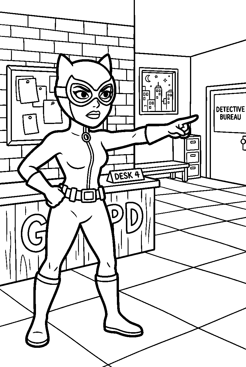 catwoman pointing in gotham police station line art