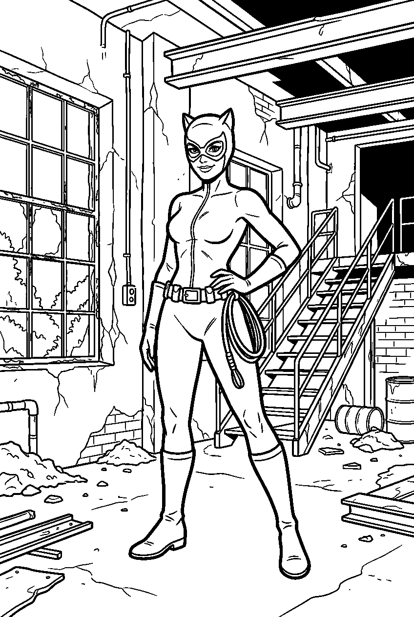 catwoman posing in abandoned warehouse line art