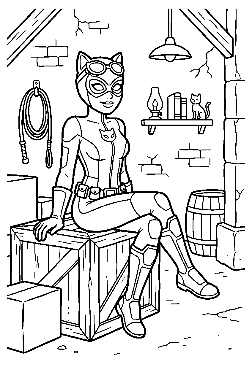 catwoman sitting in underground hideout line art