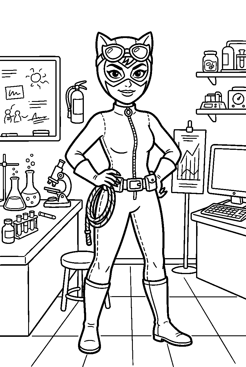 catwoman standing in research laboratory line art